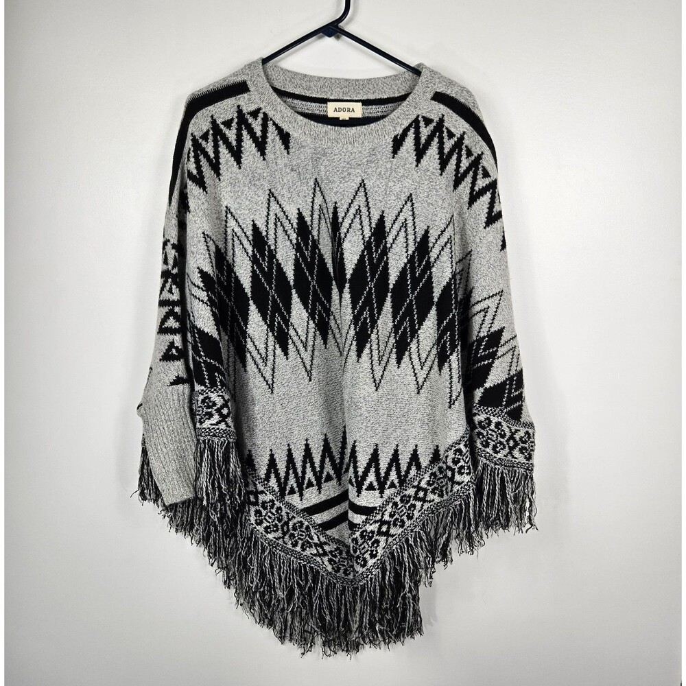 Adora Women's Size M/L Black Gray Poncho Sweater Fringe Tassels‎